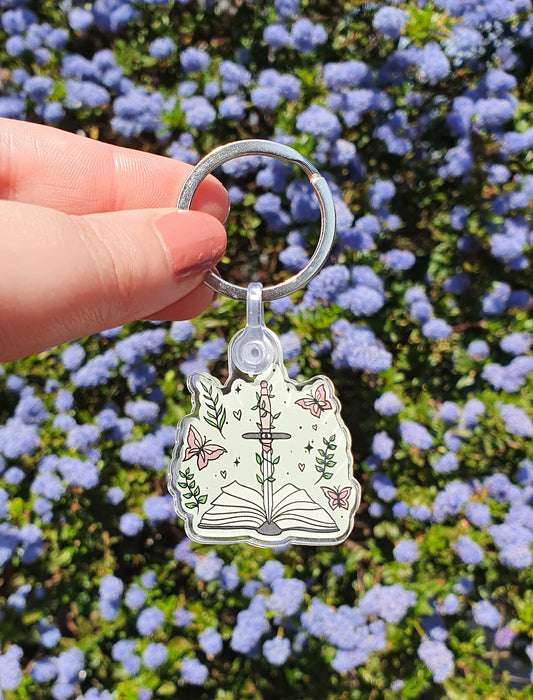 Sword Books and butterflies cottagecore keychain