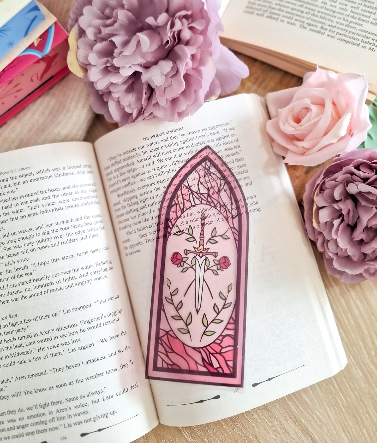 Rose and sword pink stained glass style bookmark