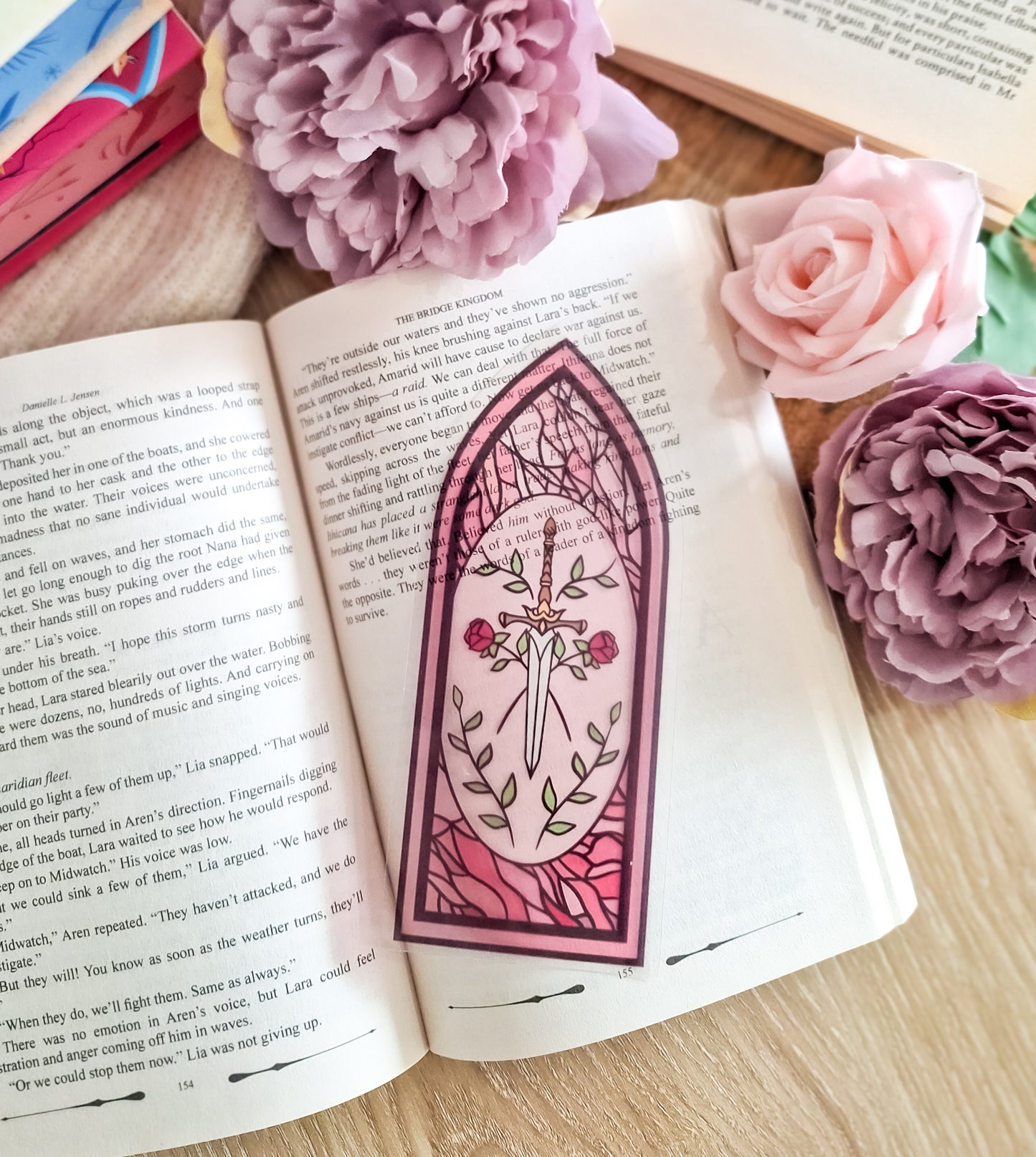 Rose and sword pink stained glass style bookmark
