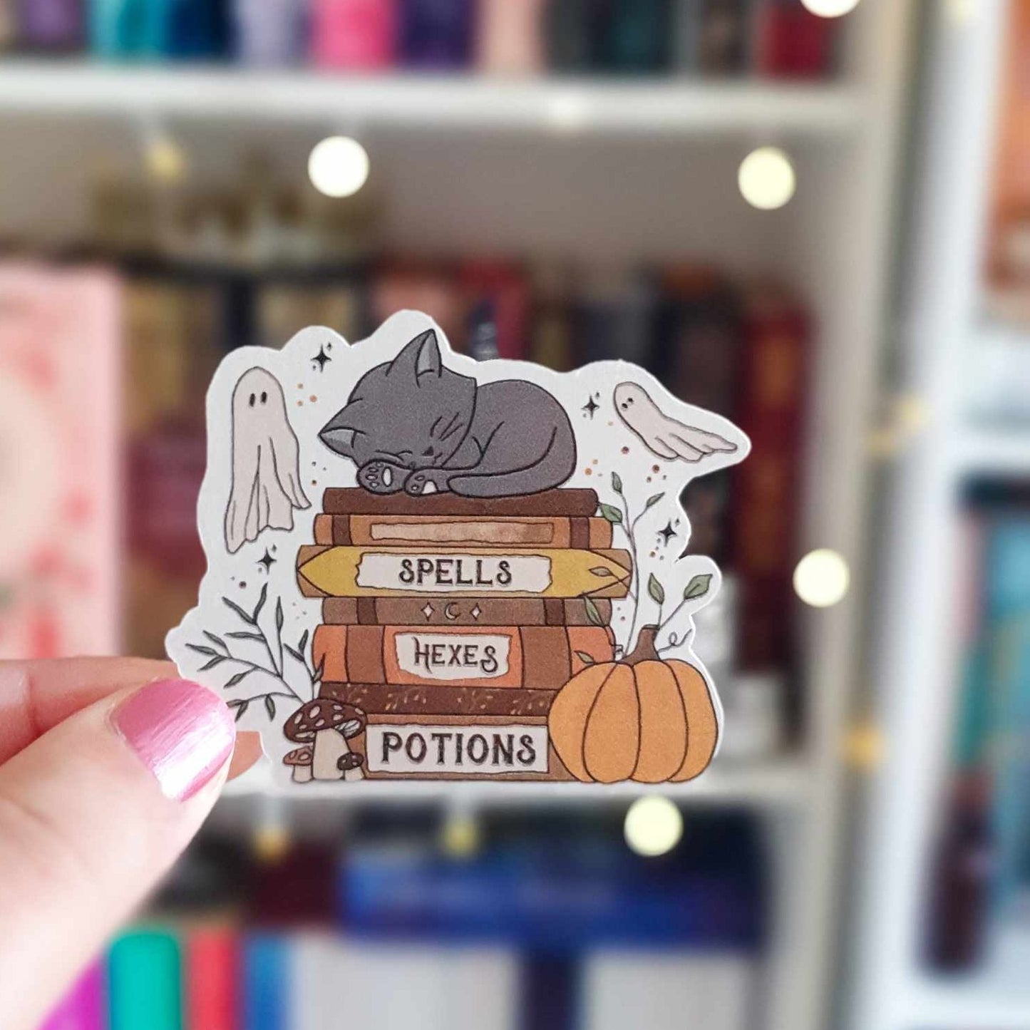 Halloween book stack, cat and ghosts sticker