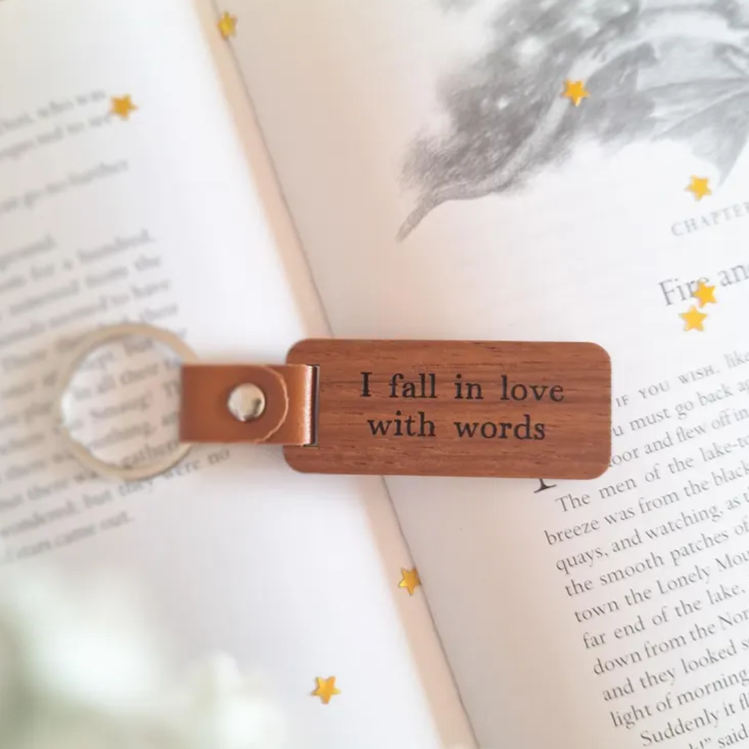 I fall in love with words wooden keyring