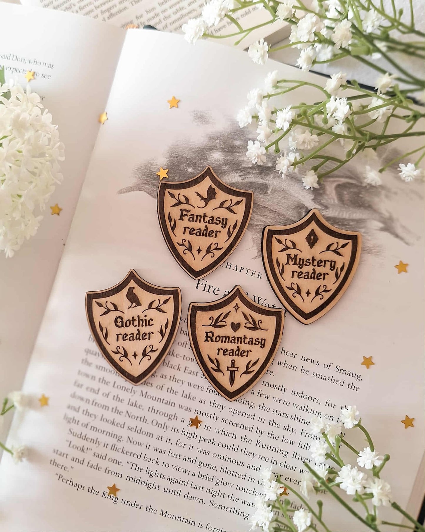 Bookish shields wooden engraved pins