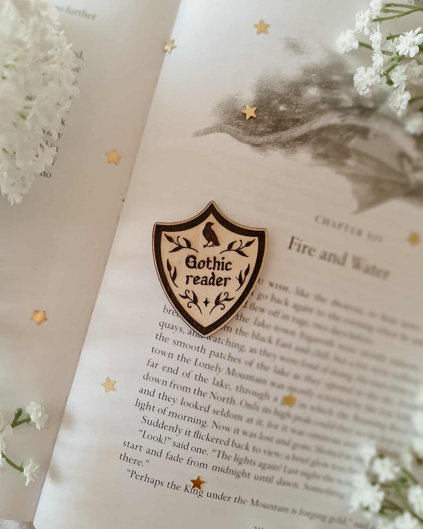 Bookish shields wooden engraved pins