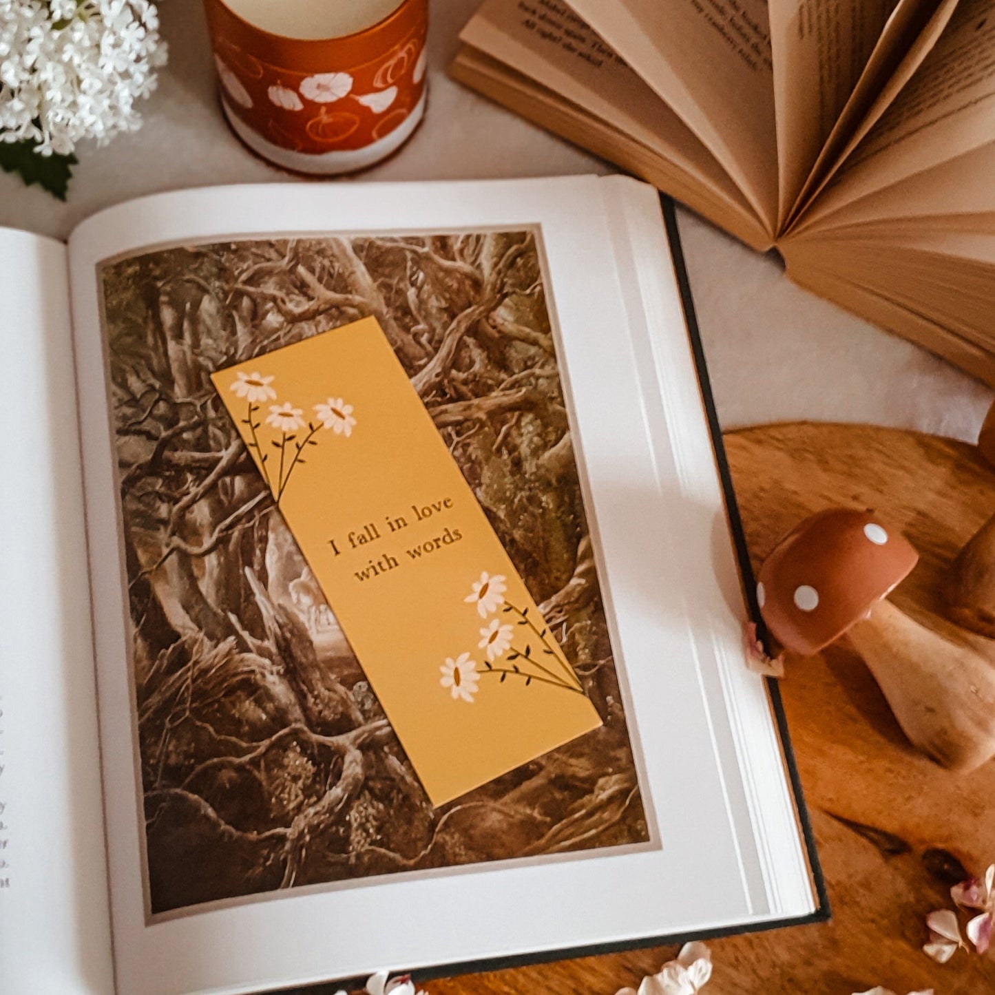 I fall in love with words floral yellow double sided bookmark