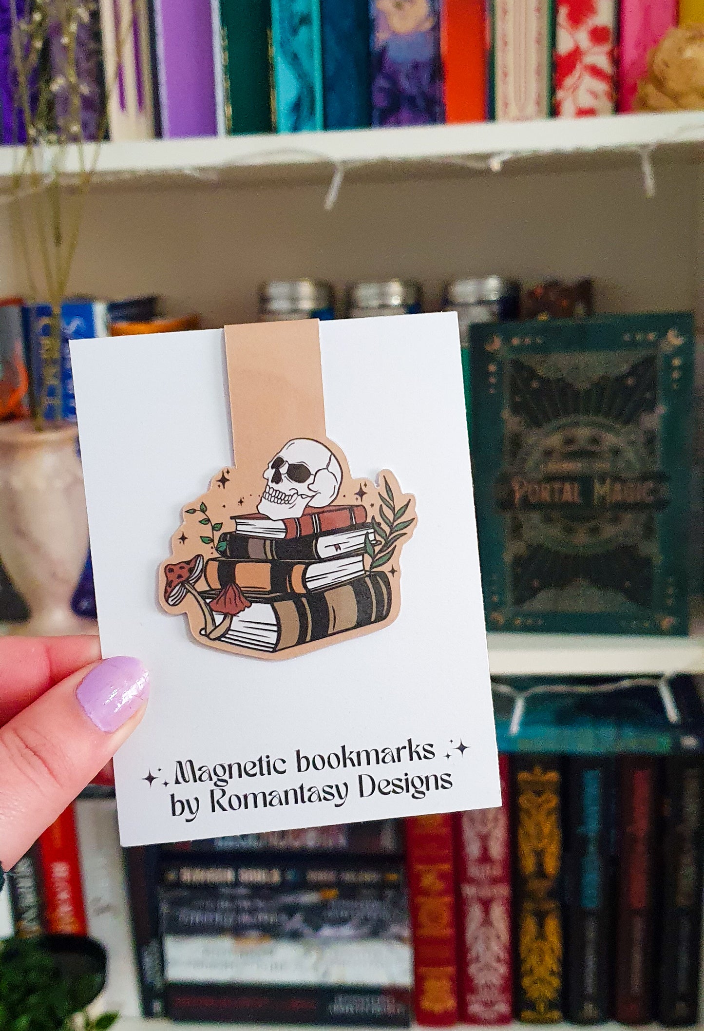 Book stack, skull and mushrooms magnetic bookmark