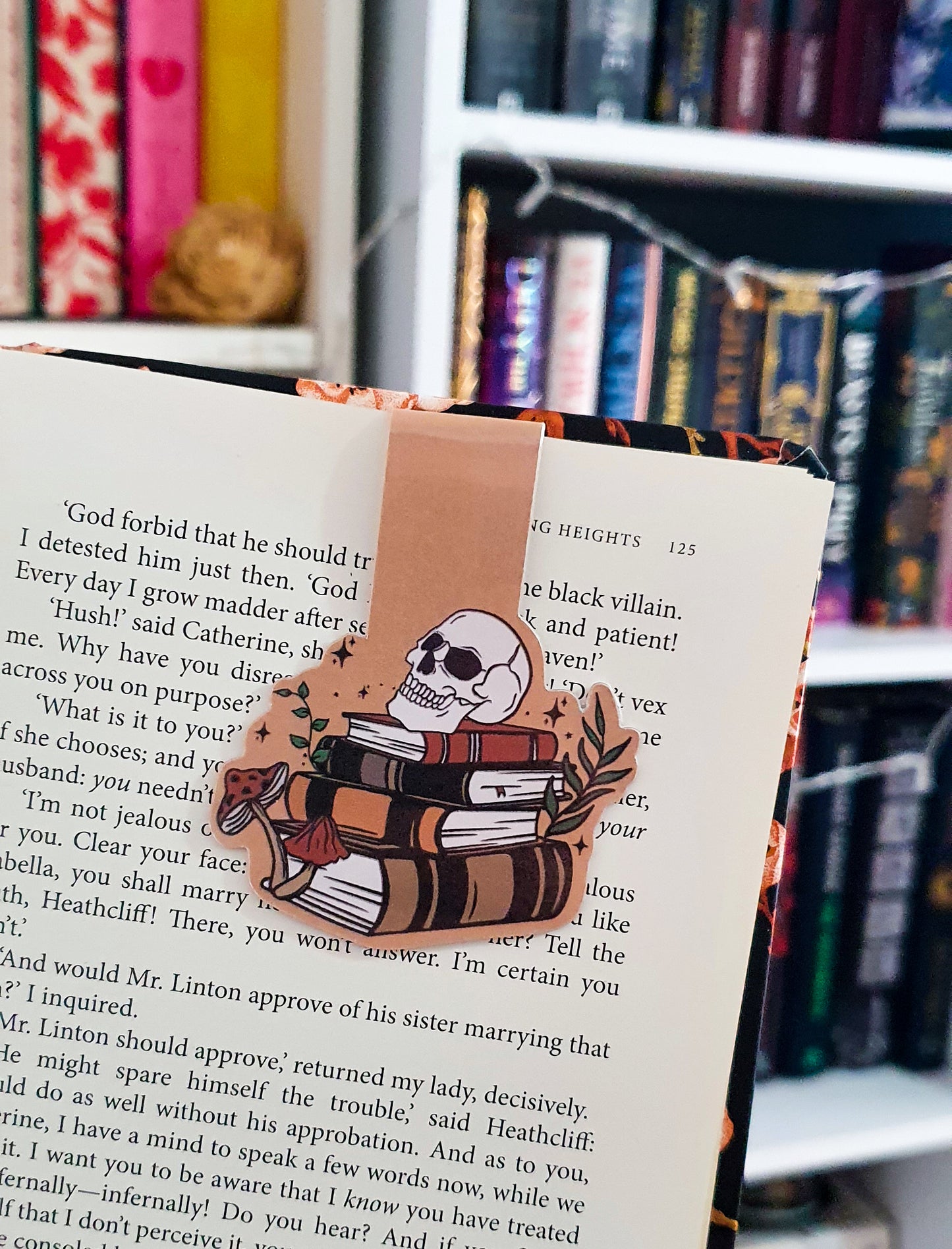 Book stack, skull and mushrooms magnetic bookmark