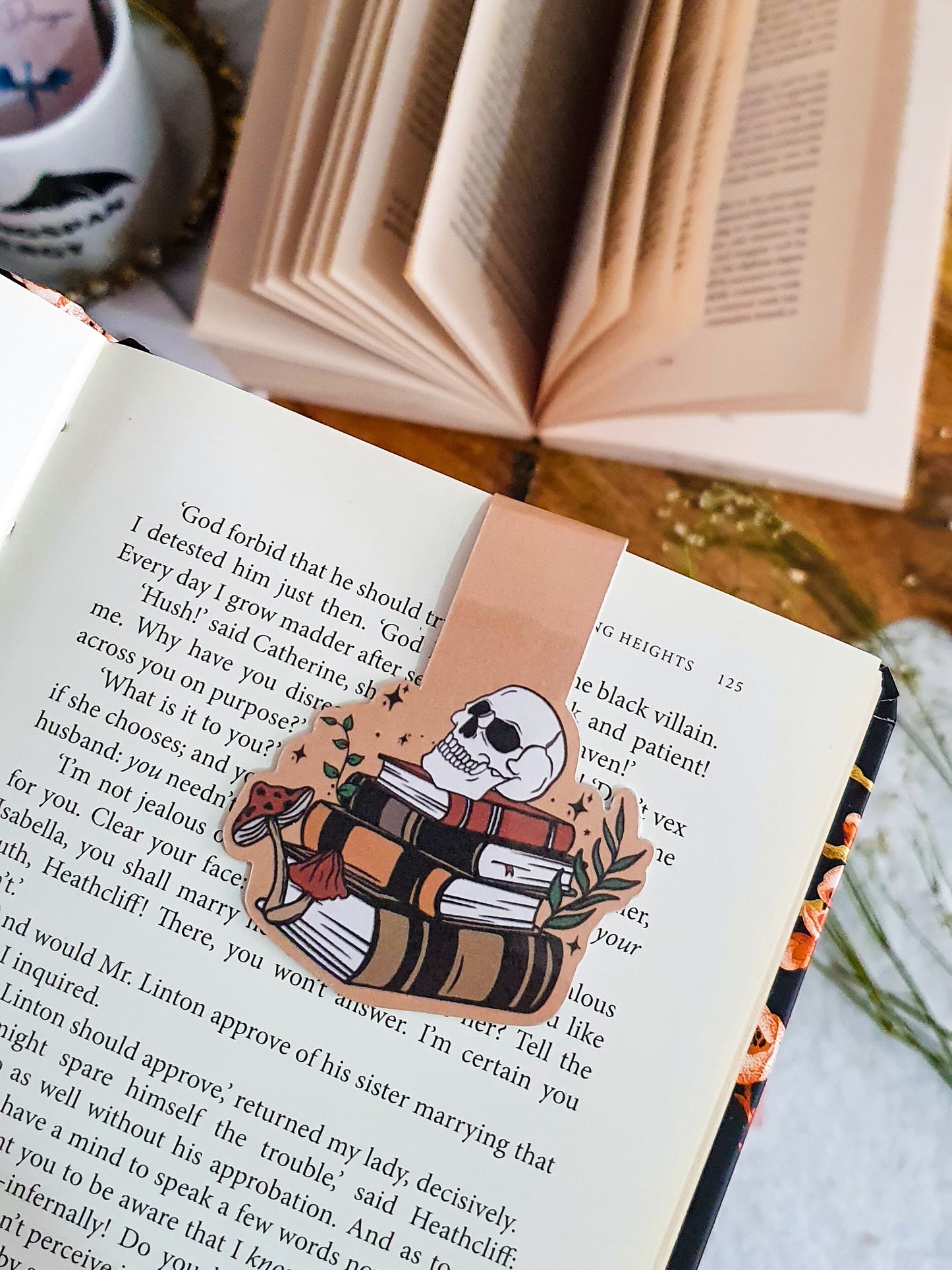 Book stack, skull and mushrooms magnetic bookmark