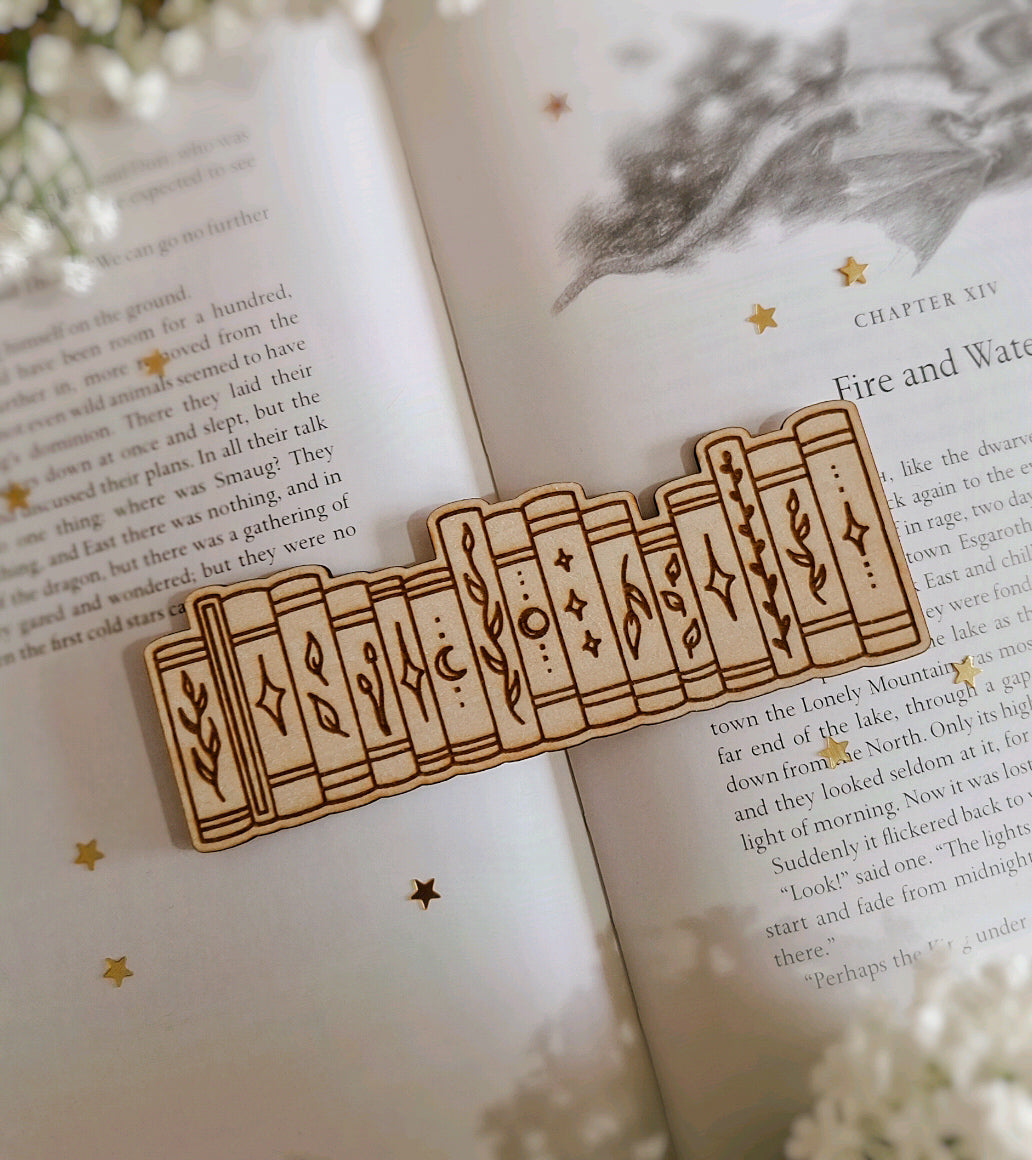 Book stack engraved wooden bookmark