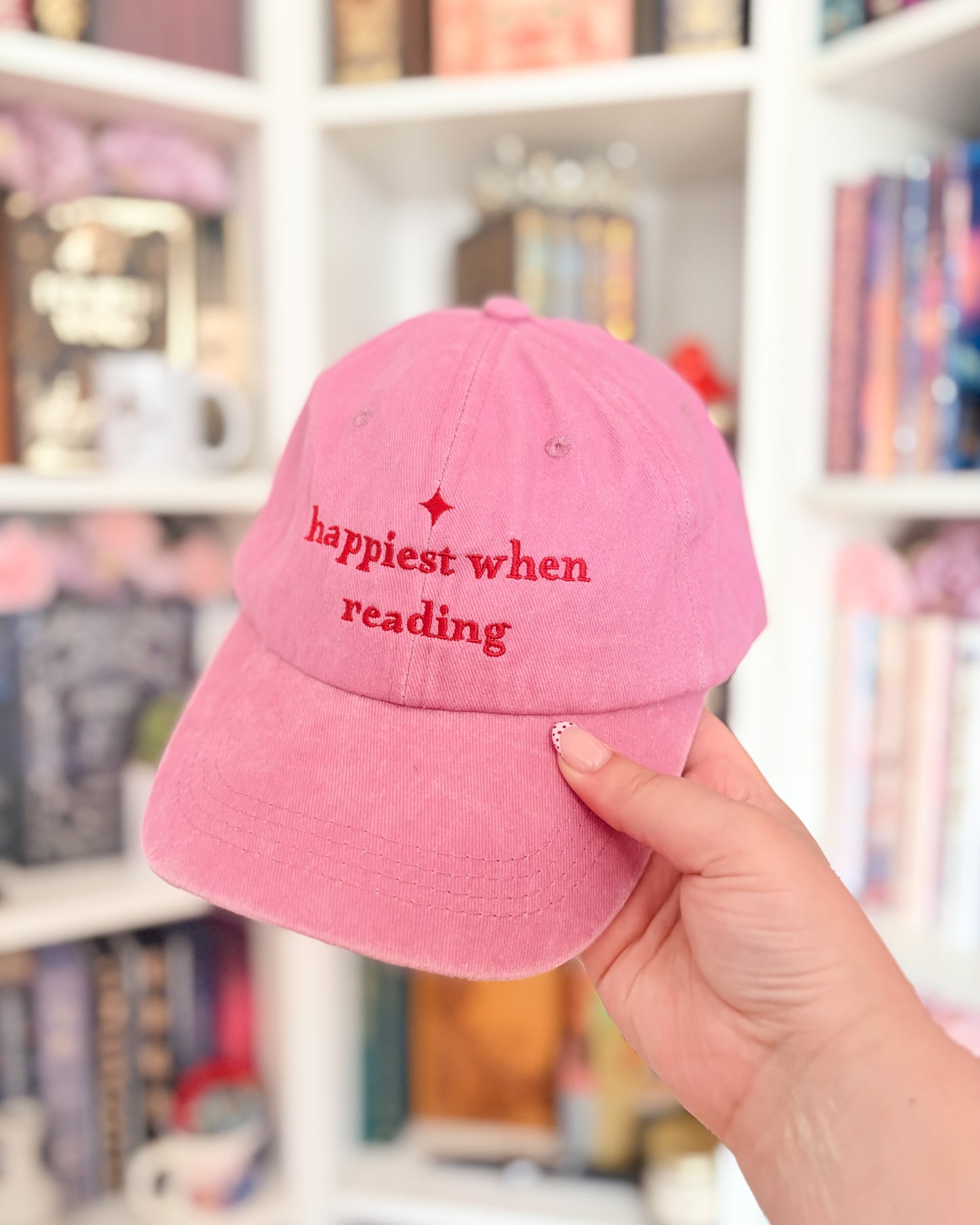 Happiest when reading embroidered cap