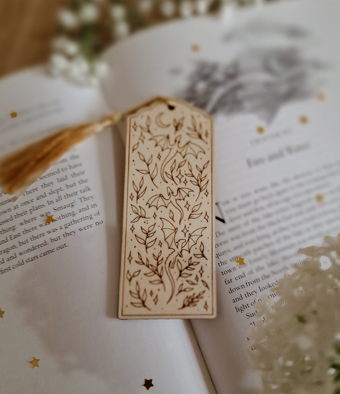 wood engraved dragons bookmark