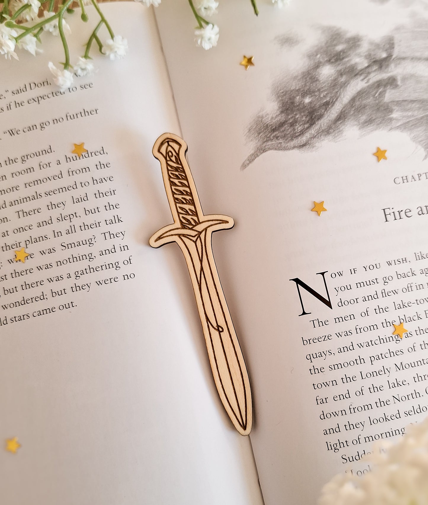 Hobbit sword sting shaped engraved wooden bookmark