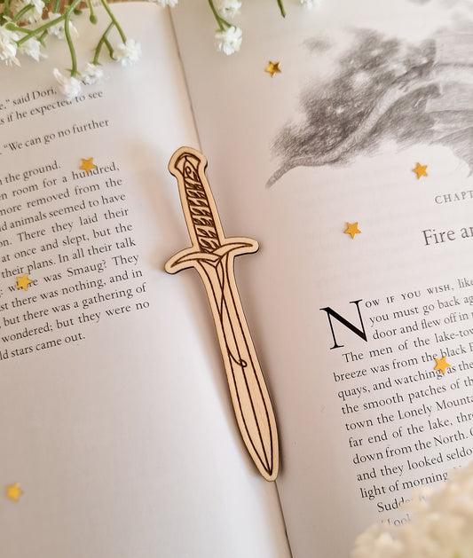 Hobbit sword sting shaped engraved wooden bookmark