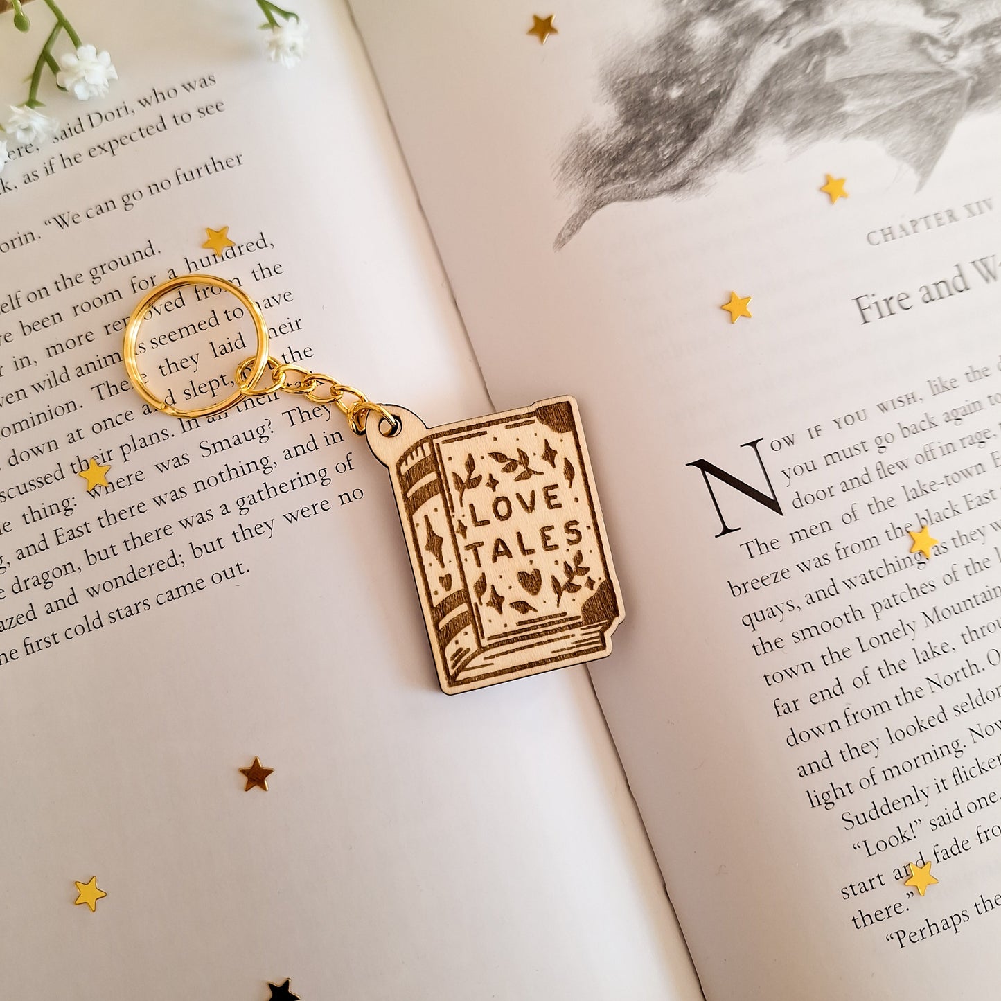 Love tales book shaped wooden keyring