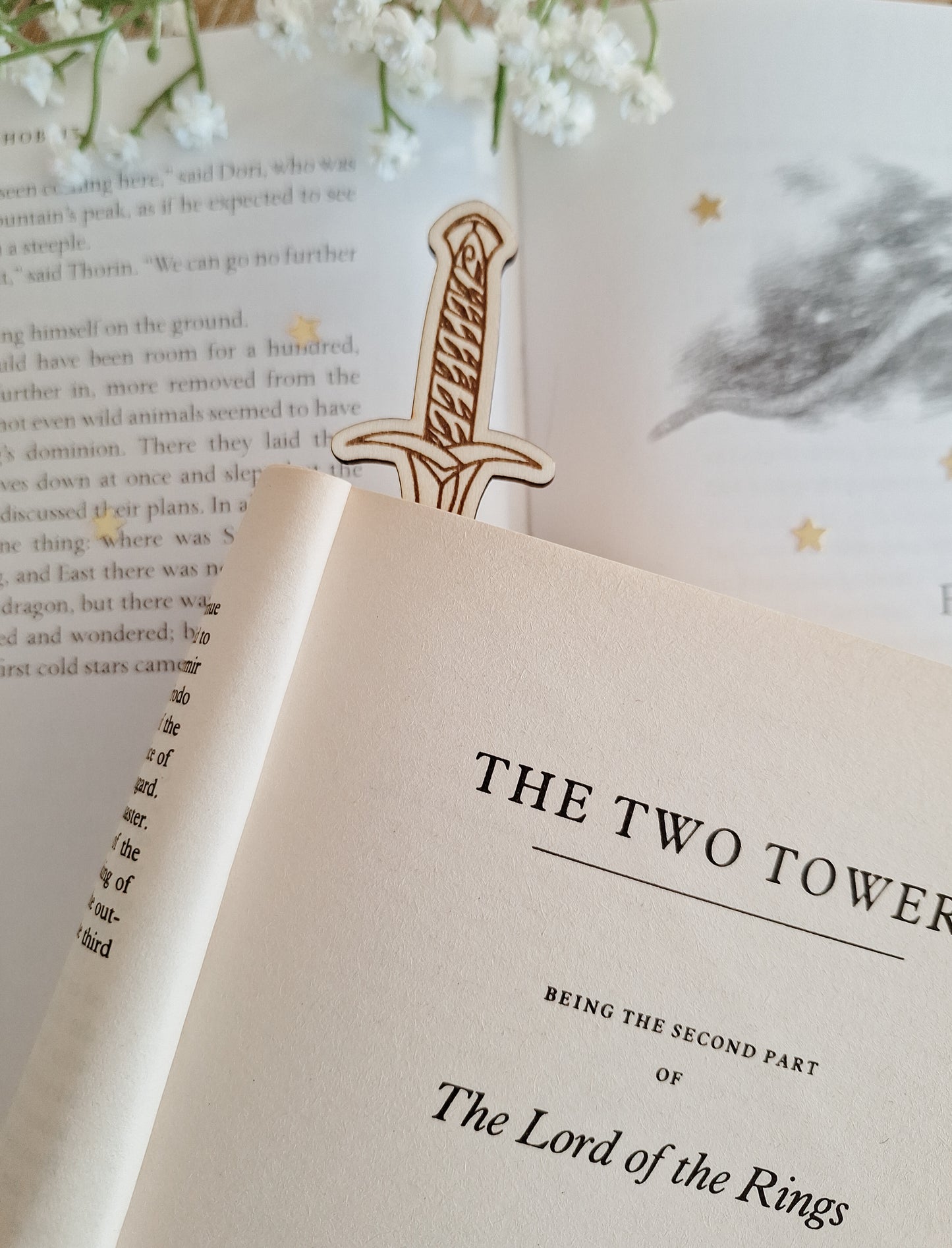 Hobbit sword sting shaped engraved wooden bookmark