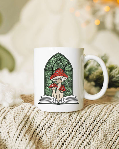 stained glass style mushroom and book 11 or 15 oz ceramic mug