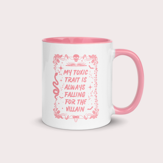 Falling for the villain 11 oz ceramic mug with pink handle and inside