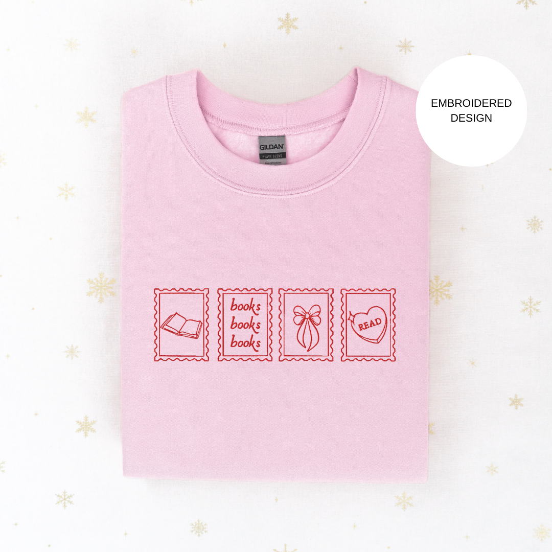 Bookish stamps embroidered sweatshirt