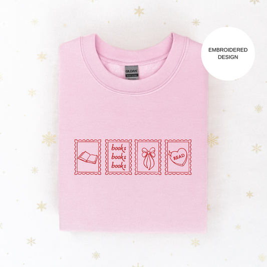 Bookish stamps embroidered sweatshirt