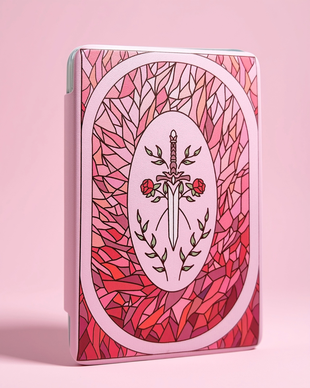 Pink stained glass style rose kindle case with clear back Paperwhite 12th 7"/11th 6.8"/basic 2022/2024