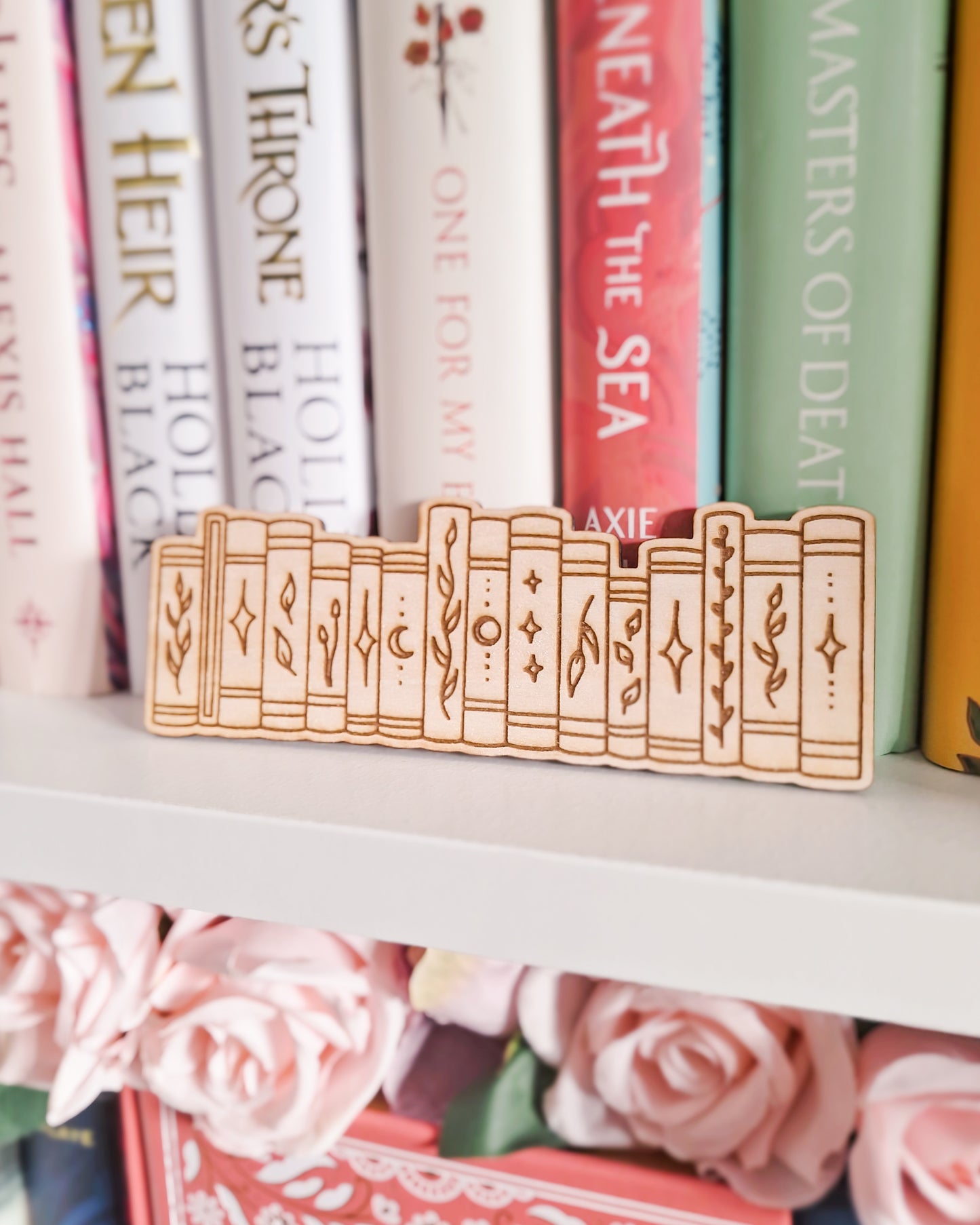 Book stack engraved wooden bookmark