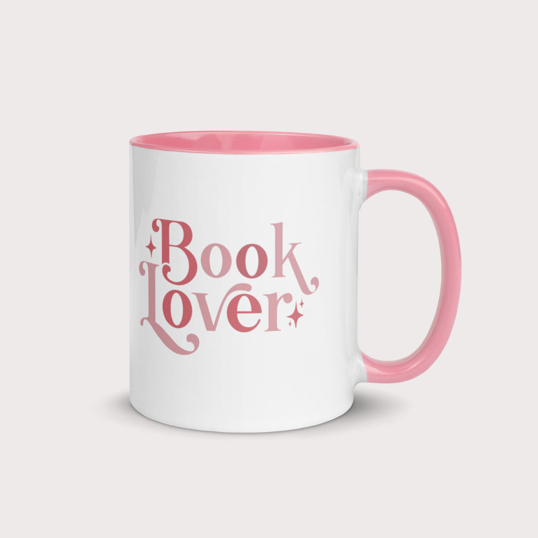 Book Lover 11oz ceramic mug with pink handle and inside