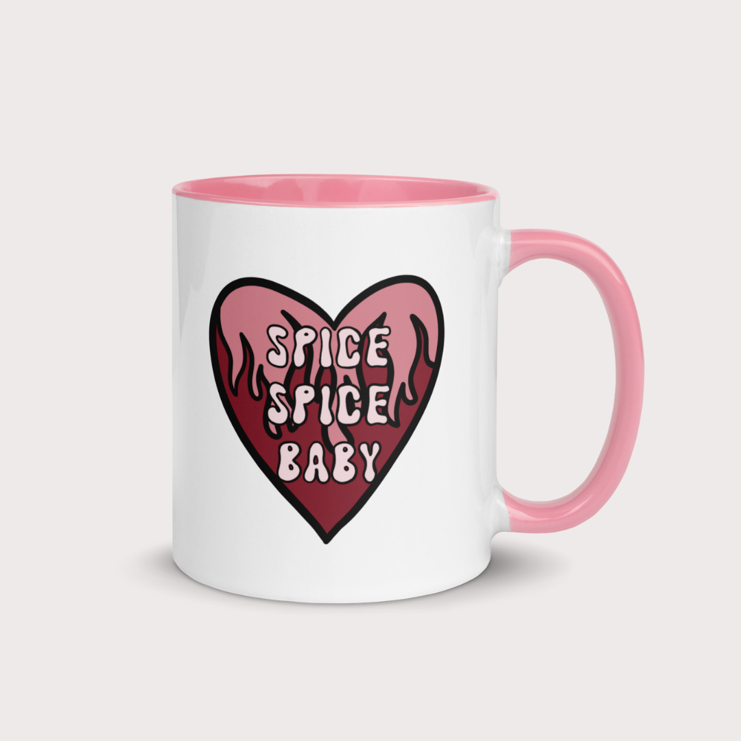 Spicy books 11oz ceramic mug with pink handle