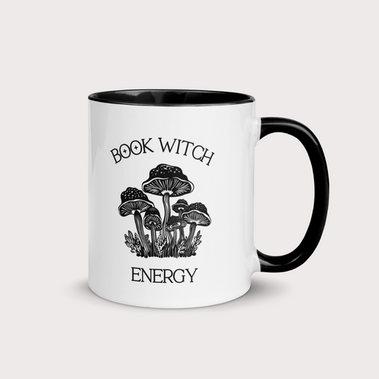 Book witch energy 11oz coffee mug with mushroom design and black handle