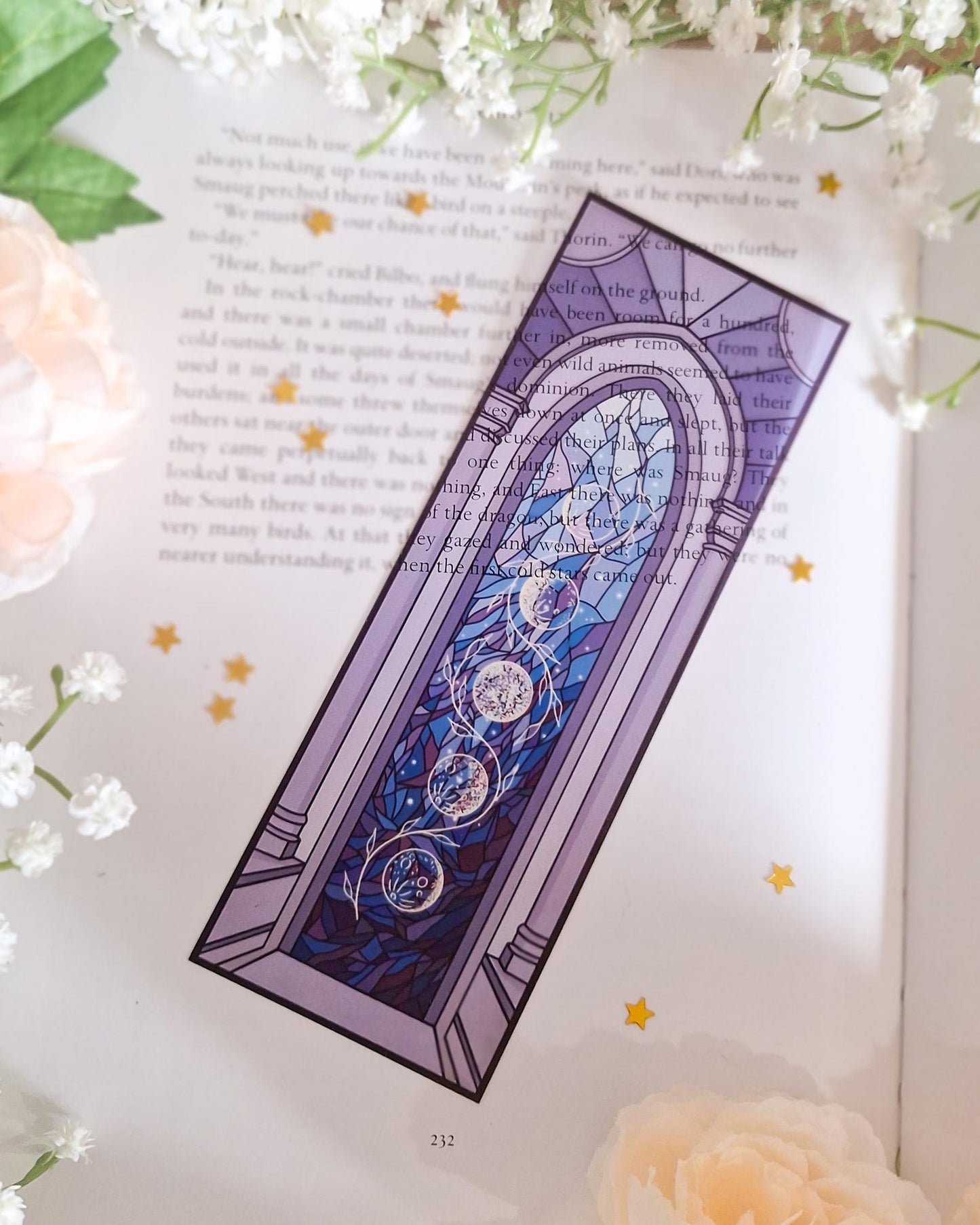 Blue window and moon phase stained glass style transparent bookmark