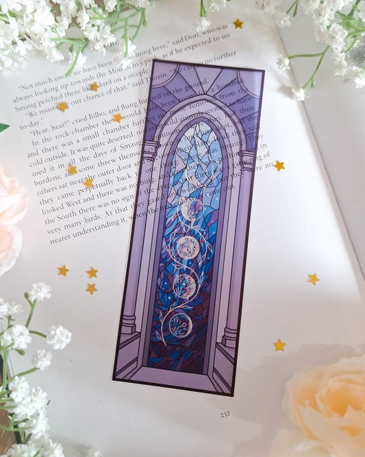 Blue window and moon phase stained glass style transparent bookmark