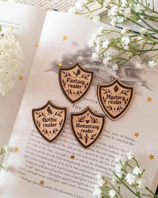 Bookish shields wooden engraved pins