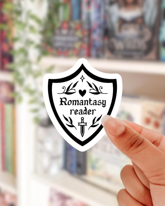 Book genre shield sticker - romantasy