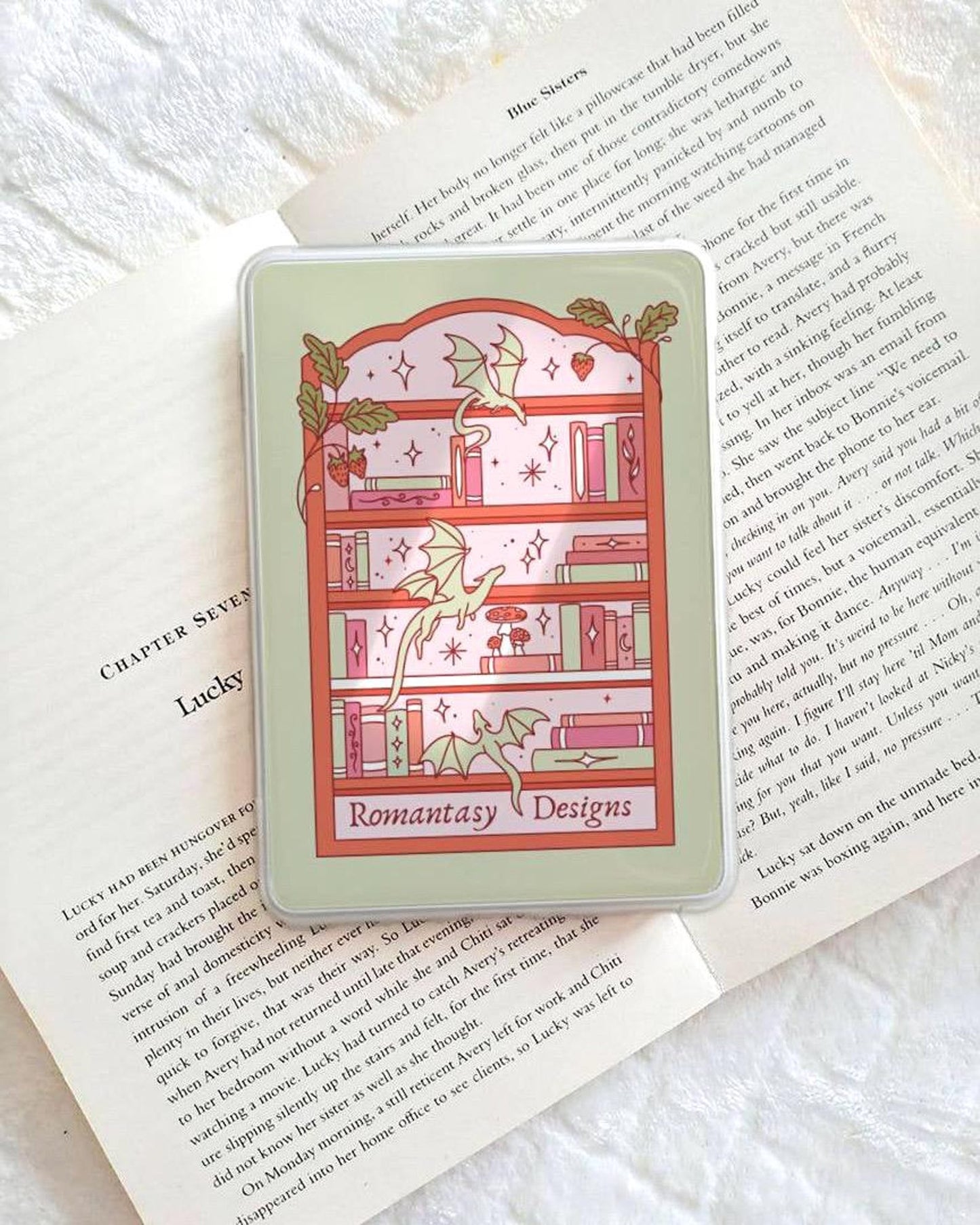 Gingham strawberry matcha dragon bookshelf Kindle insert