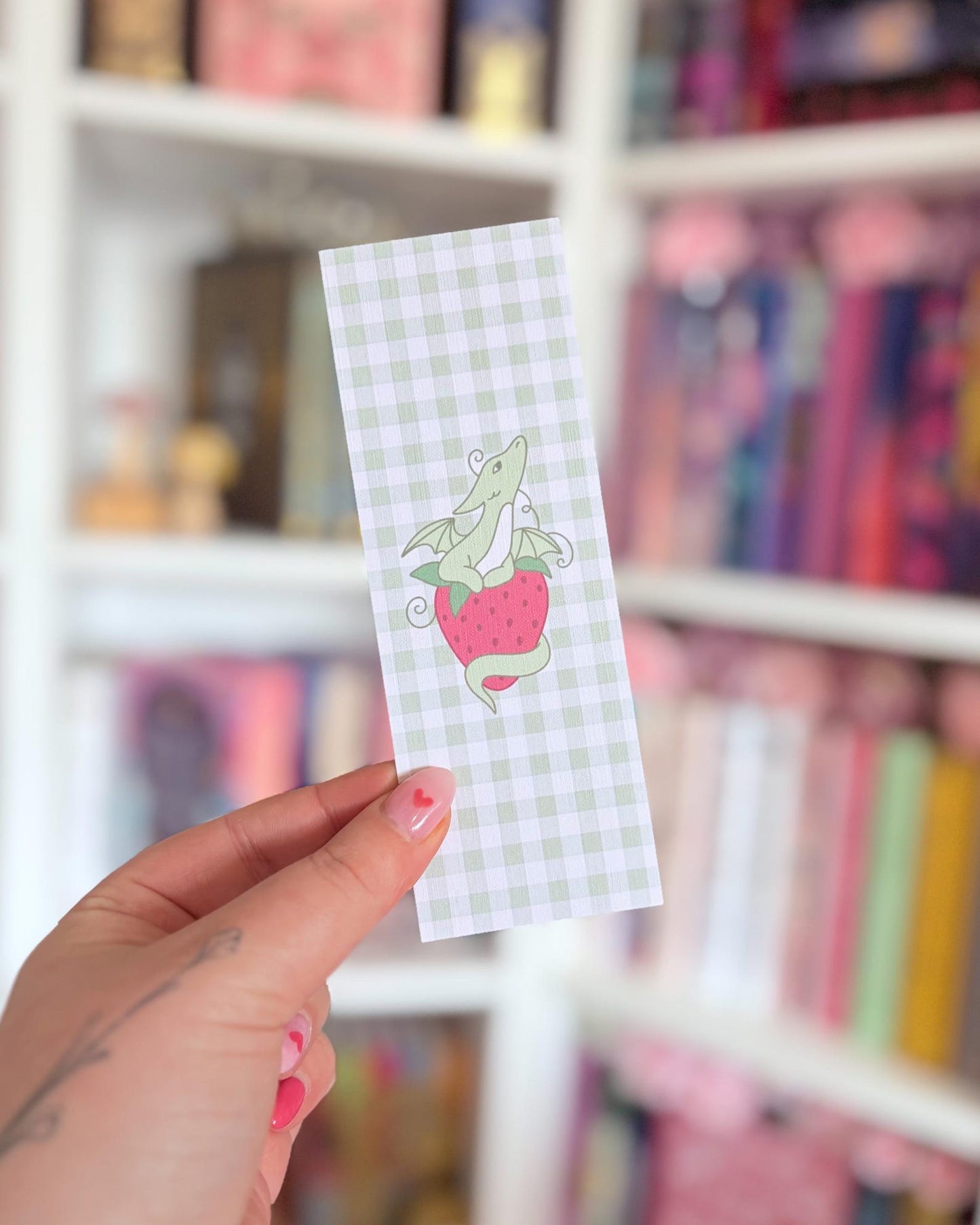 Gingham strawberry matcha dragon bookmark