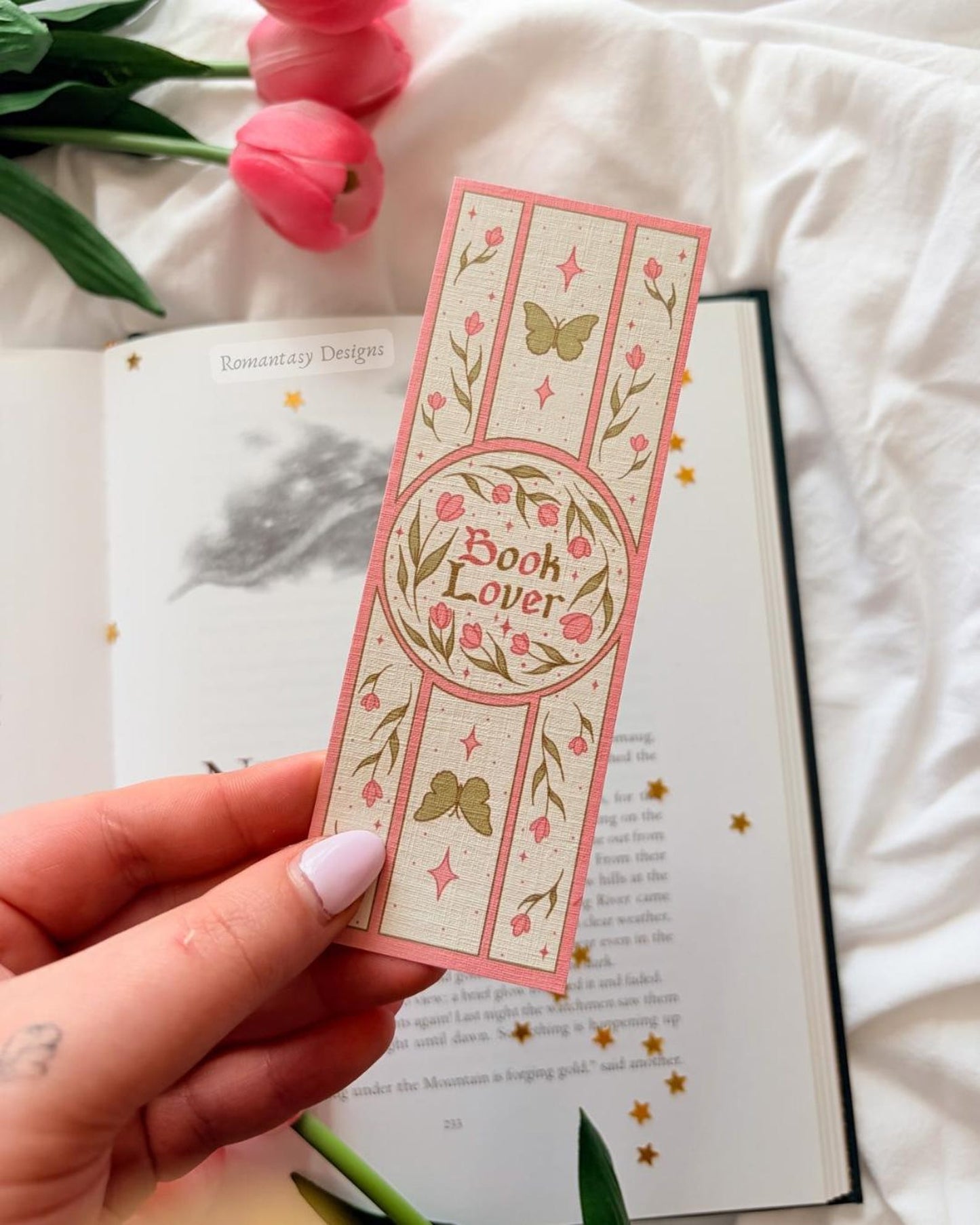 book lover pink and green tulip folklore bookmark