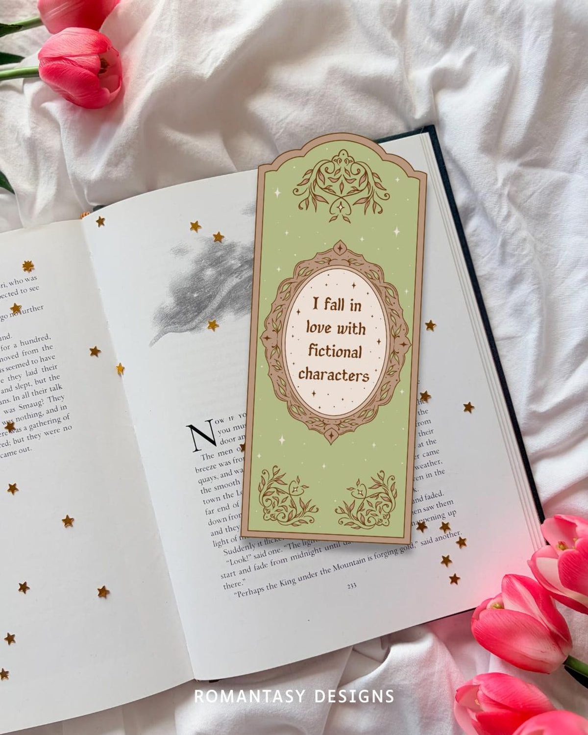 I fall in love with fictional characters die cut bookmark
