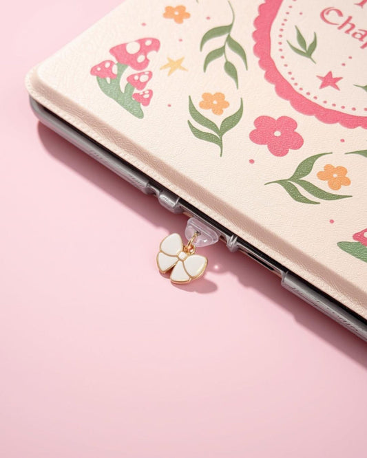 White and gold bow enamel kindle/phone dust plug charm type-c
