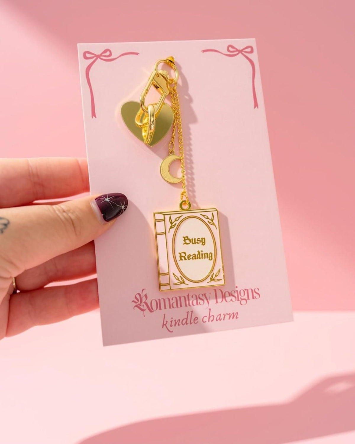 Busy reading pink and gold enamel kindle/phone charm