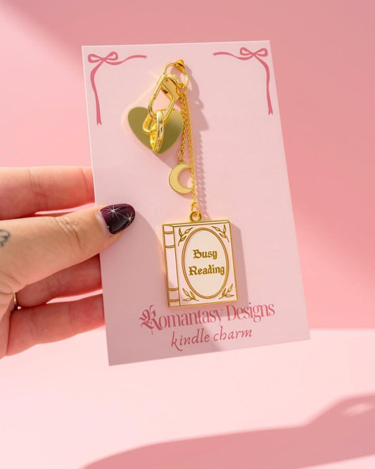 Busy reading pink and gold enamel kindle/phone charm