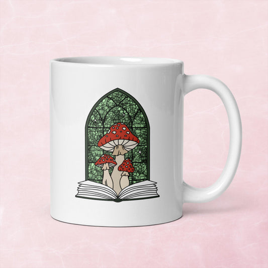 stained glass style mushroom and book 11 or 15 oz ceramic mug