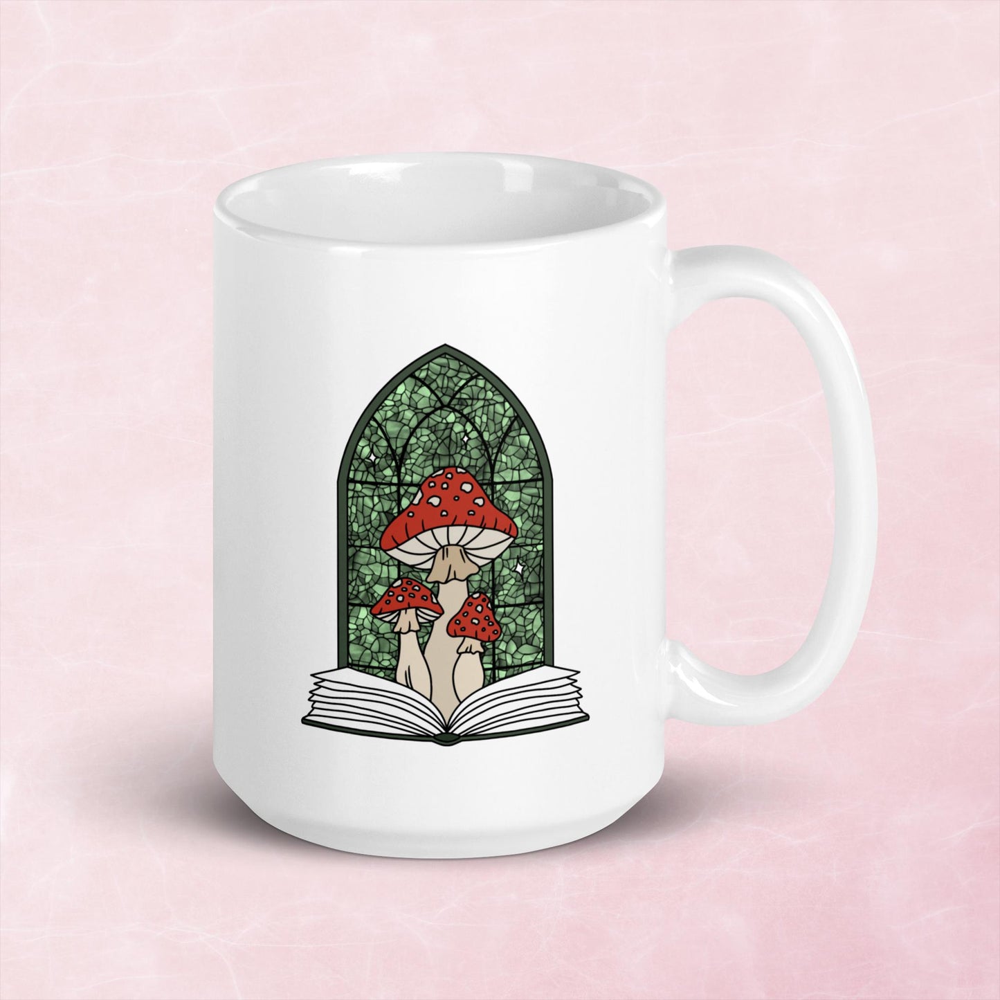 stained glass style mushroom and book 11 or 15 oz ceramic mug